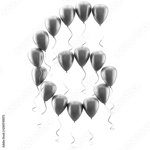 Globo plateado brillante con el número seis, aislado sobre fondo blanco; ideal para la celebración del sexto cumpleaños o aniversario, tanto para eventos como para tarjetas de felicitación.