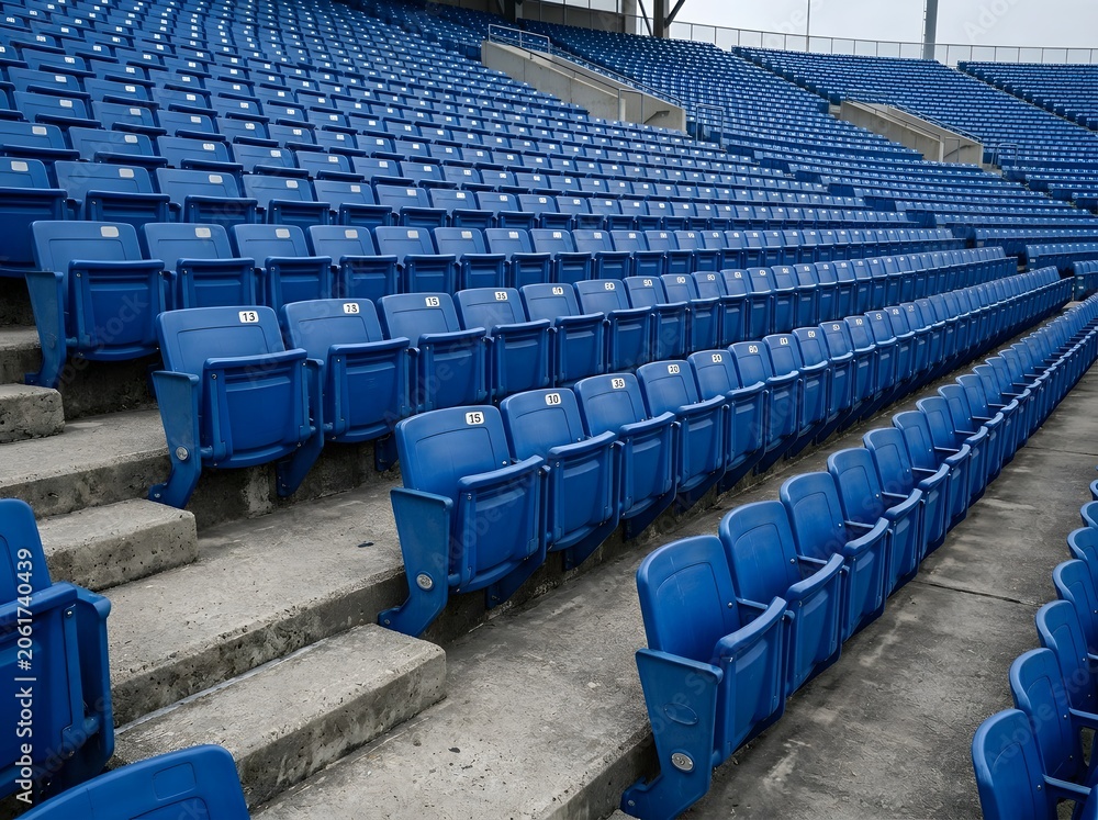 Naklejka premium Rows of empty blue seats in a modern sports stadium