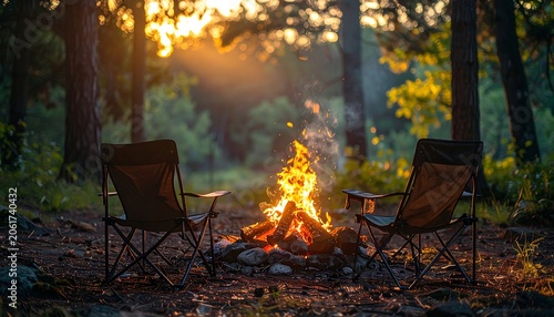 A serene forest scene with two camping chairs facing a warm campfire at sunset