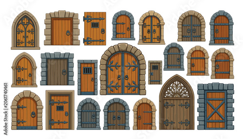 Medieval wooden door vector icon set. Vintage, castle, stone arch, gate, fantasy, cell, dungeon, hinges and entrance.
