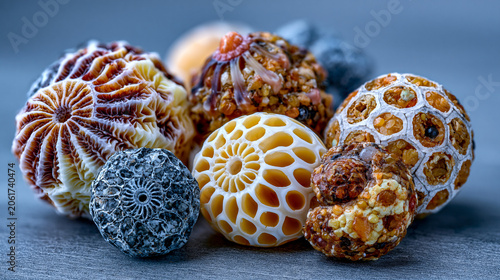 Foraminifera test shell collection macro extreme, calcareous and agglutinated morphotype diversity, chambered spiral and planispiral geometry variety, sediment grain matrix embedding, scientific mic