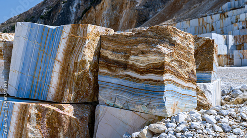 Marble quarry vertical wall face freshly cut by diamond wire saw, calcite crystalline recrystallized limestone surface, metamorphic foliation visible in cross-cutting veins, industrial stone extract