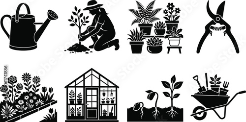 Bild auf Leinwand Collection of black and white gardening silhouette icons featuring watering can