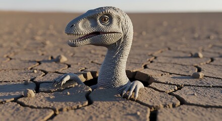 Velociraptor dinosaur head emerging from cracked dry desert ground