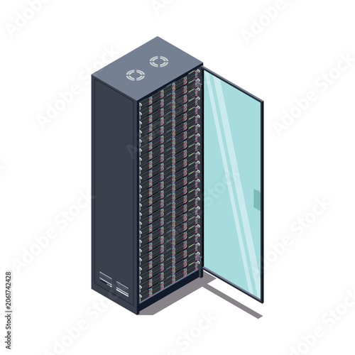 Isometric Open Server Rack Cabinet with Installed Servers