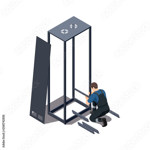 Data Center Technician Assembling Server Rack Cabinet