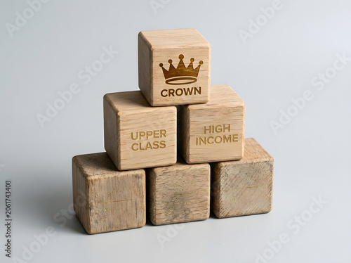 Wooden blocks pyramid for social hierarchy and wealth | Crown icon with upper class and high income text | Financial success and prosperity concept | Elitism and status | Wealthy lifestyle achievement