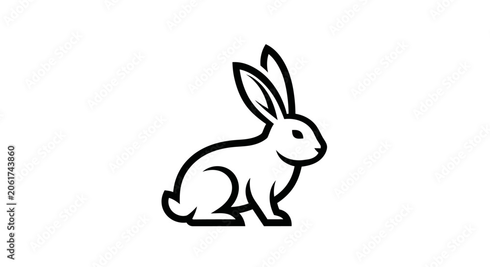 Fototapeta premium Minimalist black and white line art illustration of a cute rabbit or bunny in profile, simple vector animal icon design.