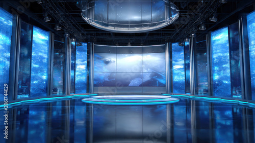 Futuristic television studio with blue screens.