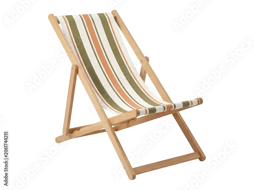 Striped wooden deck chair with vintage canvas, folding beach lounger for summer vacation, retro garden furniture isolated on white background