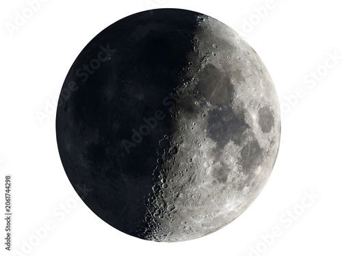 Detailed half moon on white background, lunar surface with craters and texture, astronomical celestial body, realistic first quarter moon phase