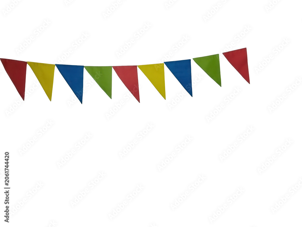 Obraz premium Colorful triangular fabric bunting flags hanging in a festive row arrangement