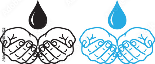 Slika na platnu Line art vector illustration of two cupped hands catching a falling liquid drop
