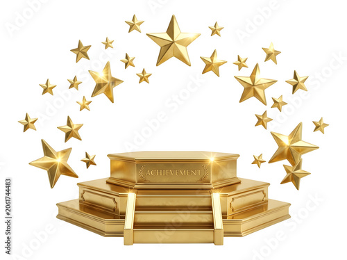 Golden podium with floating stars on white background, luxury award stage for product presentation, shiny metallic pedestal for winners and celebrations