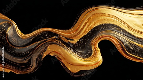 Abstract flowing wave of liquid gold and glossy black ink creating a luxurious elegant texture against a dark solid background