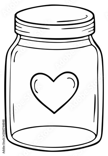 Outline illustration of a jar sealed with a lid, adorned with a heart shape for romantic concepts.