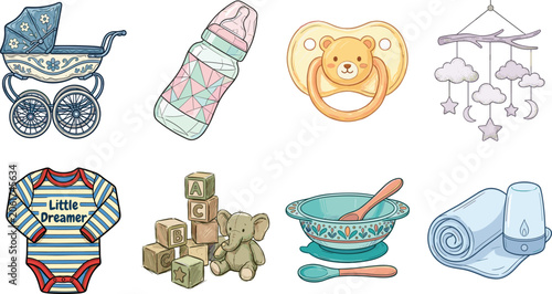 Fotografía Set of newborn baby shower elements including vintage pram clothing alphabet blo
