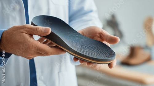 Orthotic shoe insert in doctors hands.