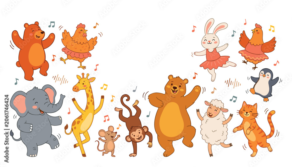 Fototapeta premium Cute cartoon animal dancing party set. Happy wild creatures, bear, elephant, giraffe, monkey, bunny, sheep and musical kindergarten celebration vectors.