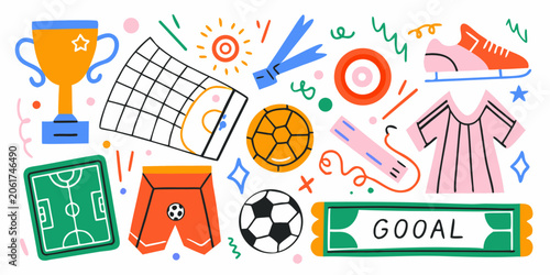Soccer themed vector illustration with footballs goal and trophy