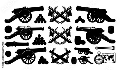 Fotografía Cannon and cannonball vector set with historical illustrations