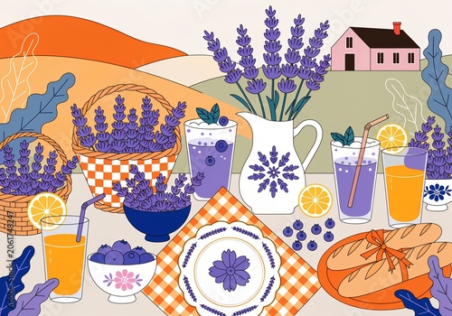 Charming Lavender-Themed Picnic Scene With Breads And Refreshing Drinks Amidst Nature