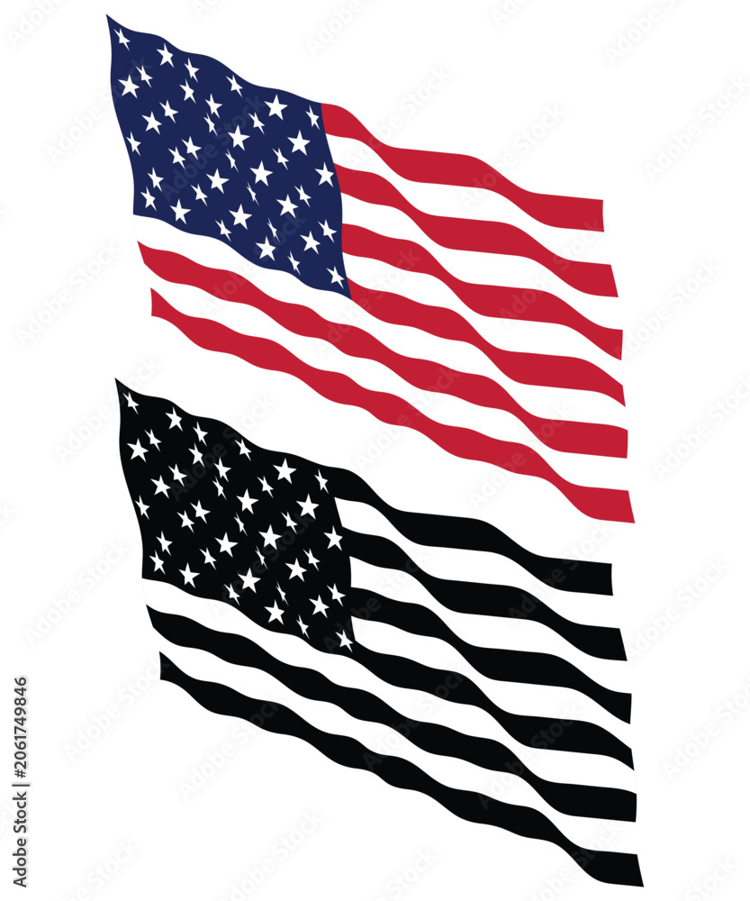 Obraz premium Waving American Flag Vector Set – Color and Black White USA Flag Illustration EPS
