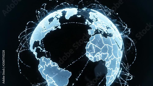 Rotating Digital Earth Globe With Glowing Blue Connection Lines Against Dark Background