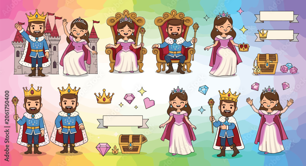 Fototapeta premium Cute Cartoon King and Queen Royal Characters Set with Crown Castle Throne and Treasure Chest Vector Illustration