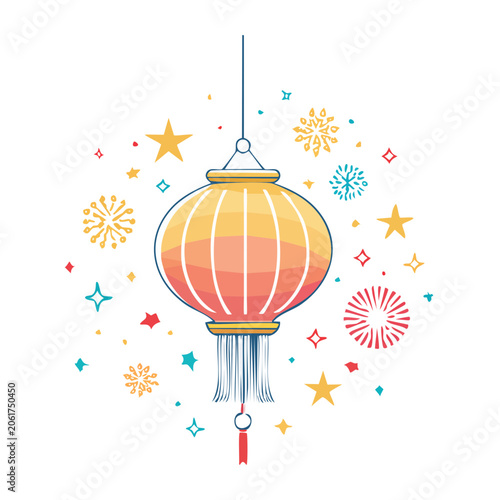 Flat design hot air balloon with confetti and stars