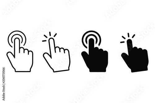 Set of hand touch and click cursor icons in line outline and solid filled styles