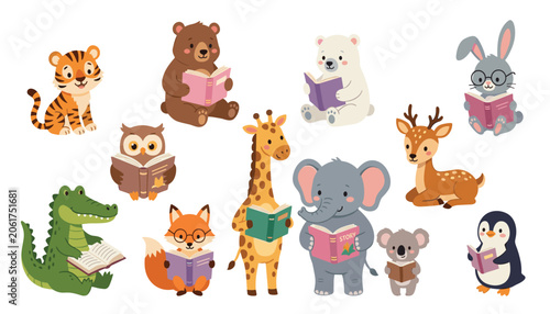 Photography Cute cartoon animal reading book set