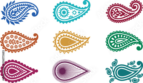Collection of colorful paisley vector ornaments with traditional indian motifs and intricate floral details for ethnic design
