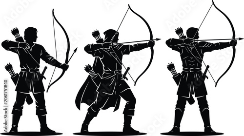 Foto Black Silhouette Archer Vector Set with Medieval Archer Bow and Arrow Poses for