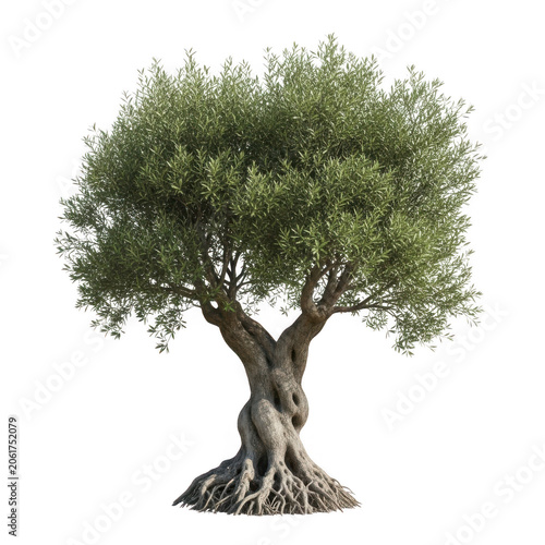 Olive tree with twisted trunk isolated on white background