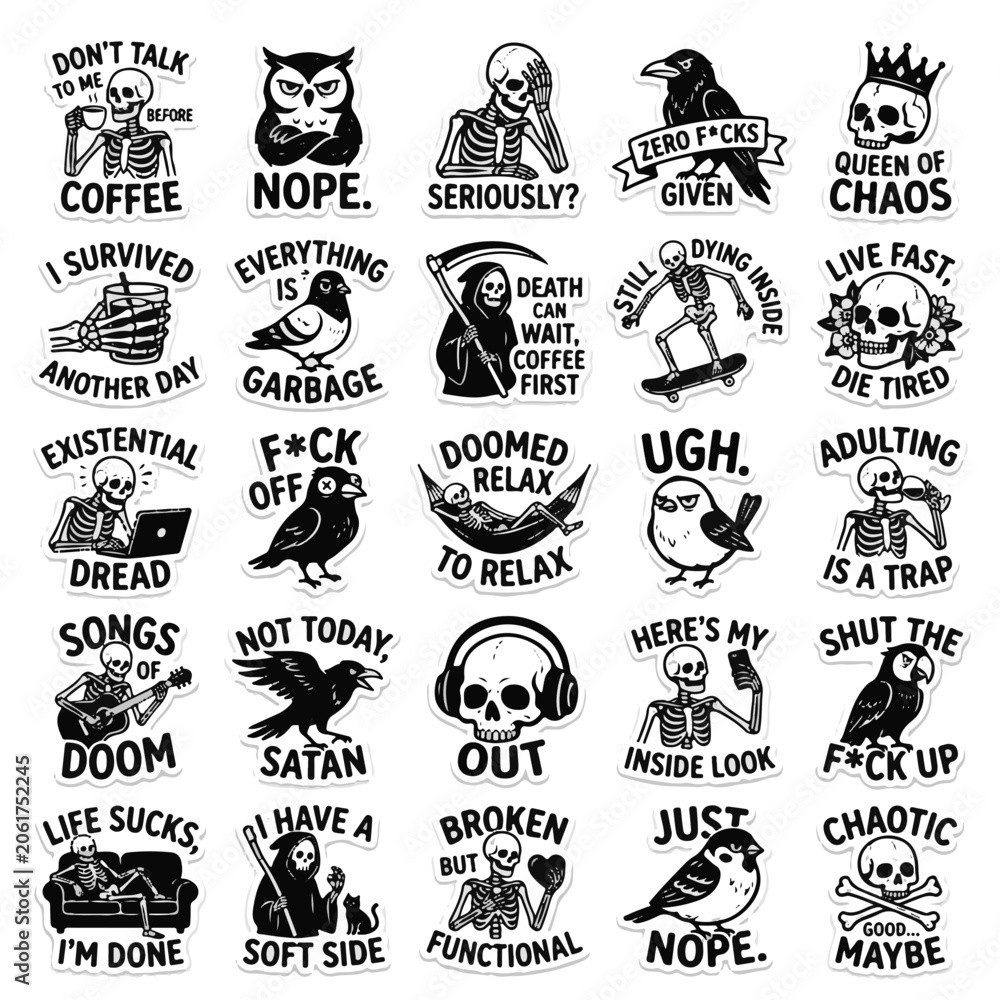 Obraz premium Collection of Humorous Skeleton and Bird Illustrations with Dark Humor Quotes