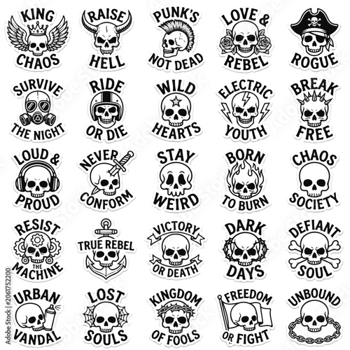 Photography Collection of Black and White Skull Illustrations with Text Captions