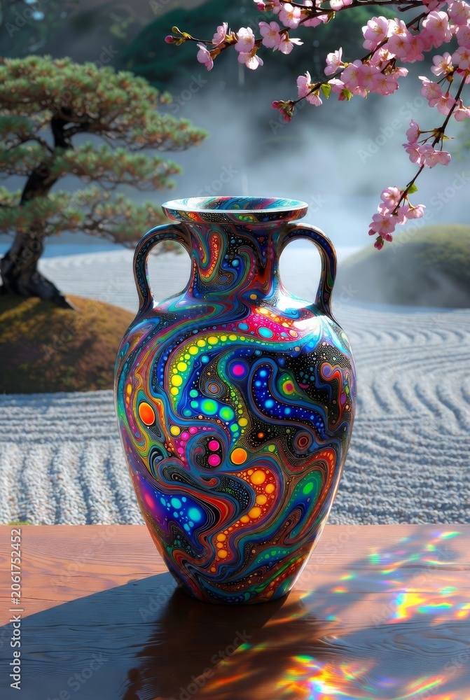 Naklejka premium Vaso decorativo con motivi psichedelici e colori fluo in un sereno giardino zen giapponese