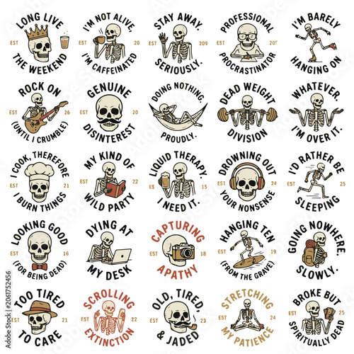 Canvastavla Funny Skeleton Illustrations with Witty Quotes for T shirts and Merch