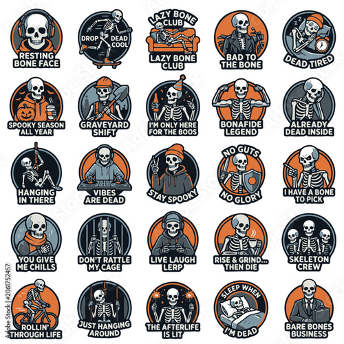 Foto Funny Skeleton Sticker Pack with Humorous Halloween Phrases
