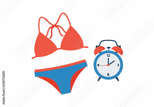 Swimsuit and Alarm Clock Illustration for Summer or Wake-Up Theme