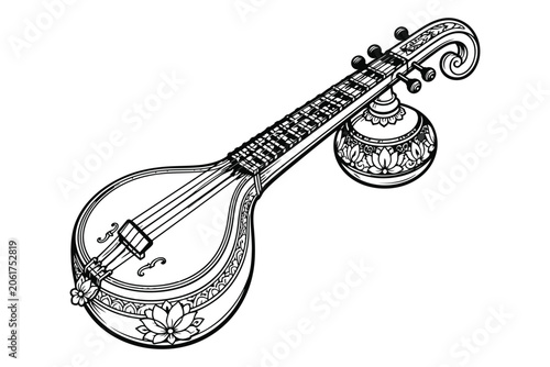 Foto Traditional sitar musical instrument drawing