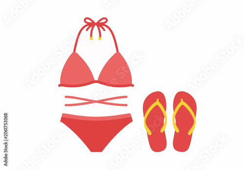 Red bikini and flip flops on white background, summer beach attire