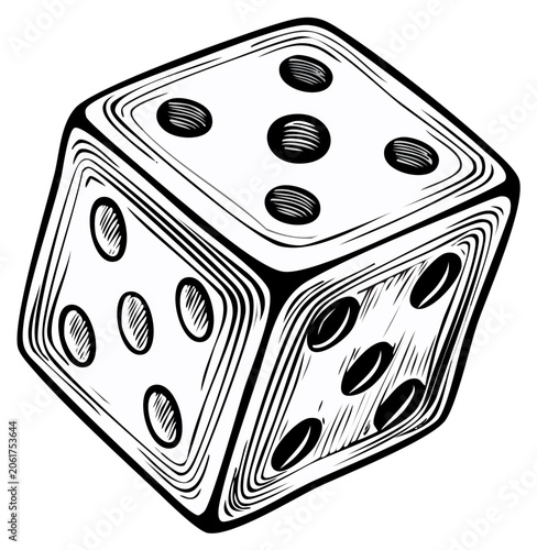 Hand drawn illustration of a single die showing three faces with pips