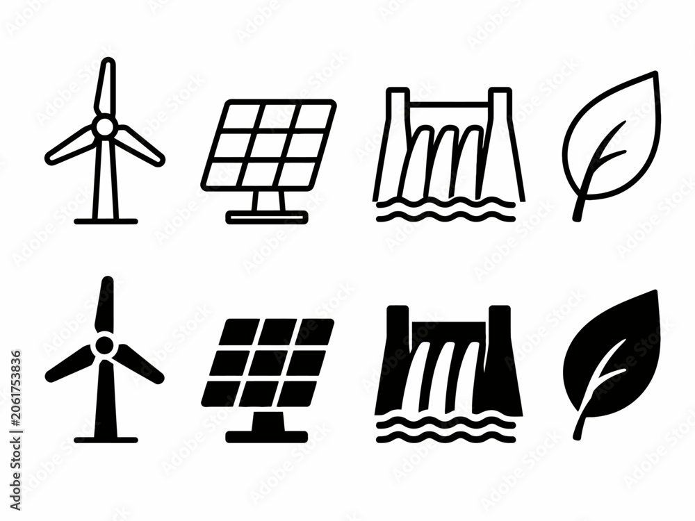 Fototapeta premium Renewable energy icons: wind turbine, solar panel, hydro dam, leaf symbols in black and white