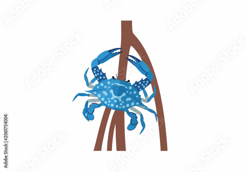 Blue crab climbing on tree branches in natural environment