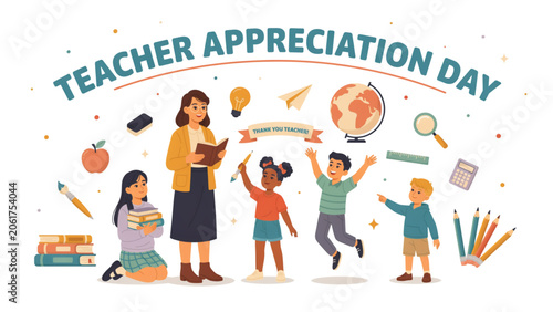 Diverse group of teachers celebrating teacher appreciation day with colorful balloons and happy expressions
