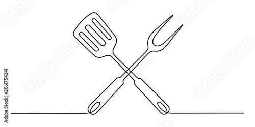 Tableau sur toile Continuous single line drawing of a kitchen spatula and a meat fork crossed toge