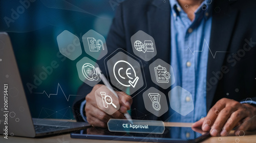 Bild auf Leinwand Professional using laptop for CE medical device certification approval process w