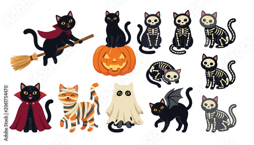 Fotografie Halloween black cat cartoon character set